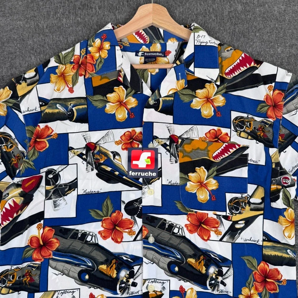 Vintage Ferruche Hawaiian Shirt Men's L Button Short Sleeve Floral Fighter Jet - Picture 2 of 7